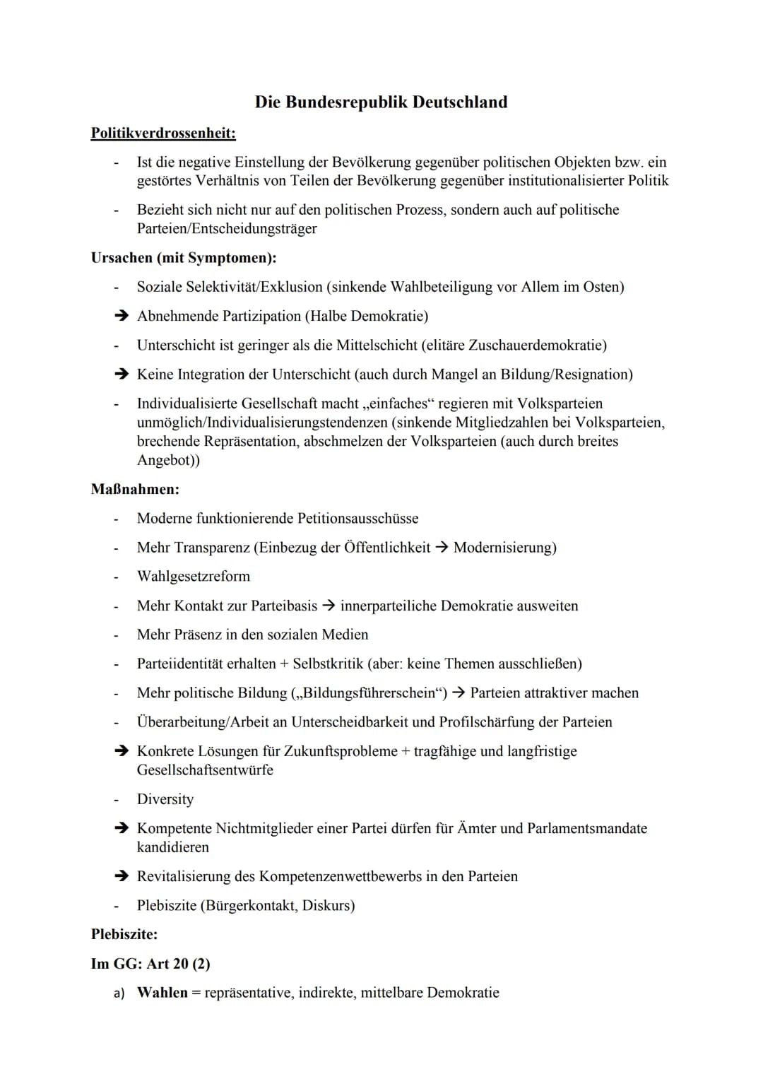 Politikverdrossenheit:
Ist die negative Einstellung der Bevölkerung gegenüber politischen Objekten bzw. ein
gestörtes Verhältnis von Teilen 
