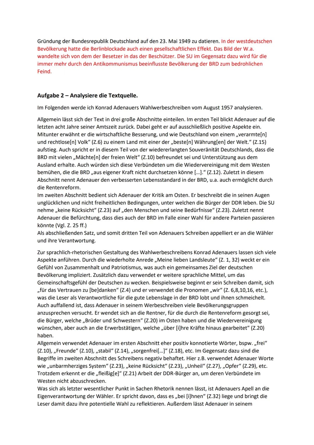 Geschichte Klausur 12-2
(Ergänzungen der Lehrkraft in rot)
Aufgabe 1 a) - Stelle die Berlinblockade dar.
Im folgenden Text werde ich die Ber