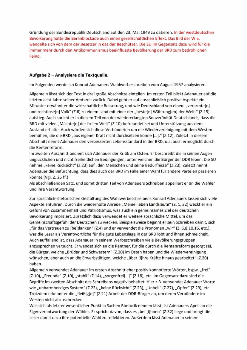 Geschichte Klausur 12-2
(Ergänzungen der Lehrkraft in rot)
Aufgabe 1 a) - Stelle die Berlinblockade dar.
Im folgenden Text werde ich die Ber