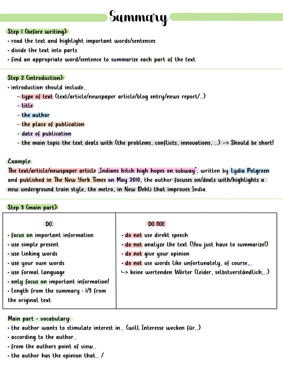 Summary
Step 1 (before writing):
• read the text and highlight important words/sentences
• divide the text into parts
• find an appropriate 