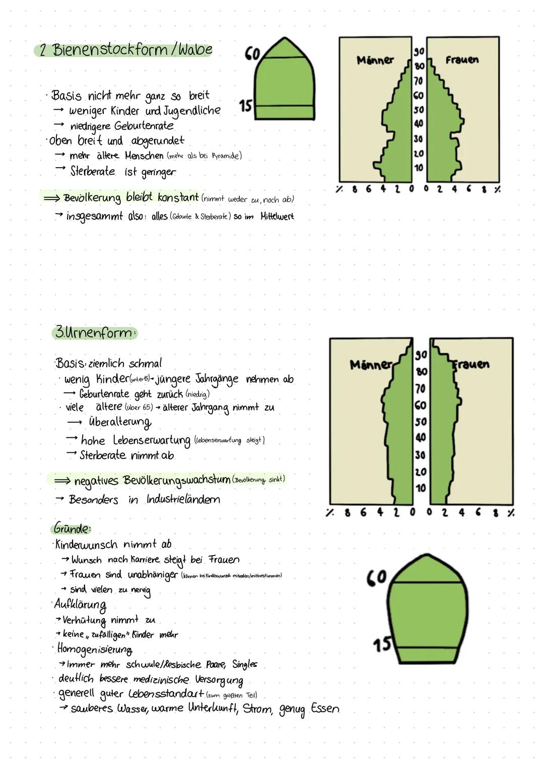 Bevölkerungspyramiden
→ zeigen die Altersstrucktur einer Bevölkerung auf
→nach Geschlechtern (Männlich/Weiblich) getrennt
1. Pyramide
· groß