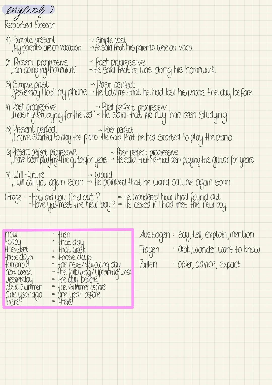 english 2
Reported Speech
1) Simple present
„My parents are on vacation
2) Present progressive
"I am doing my homework'
Past progressive
→He