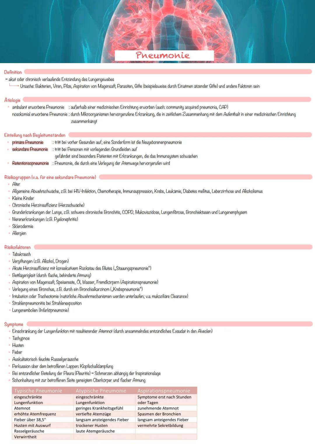 # Pneumonie

Definition

= akut oder chronisch verlaufende Entzündung des Lungengewebes

- Ursache: Bakterien, Viren, Pilze, Aspiration von 