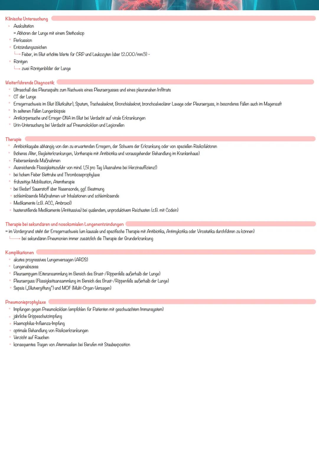 # Pneumonie

Definition

= akut oder chronisch verlaufende Entzündung des Lungengewebes

- Ursache: Bakterien, Viren, Pilze, Aspiration von 