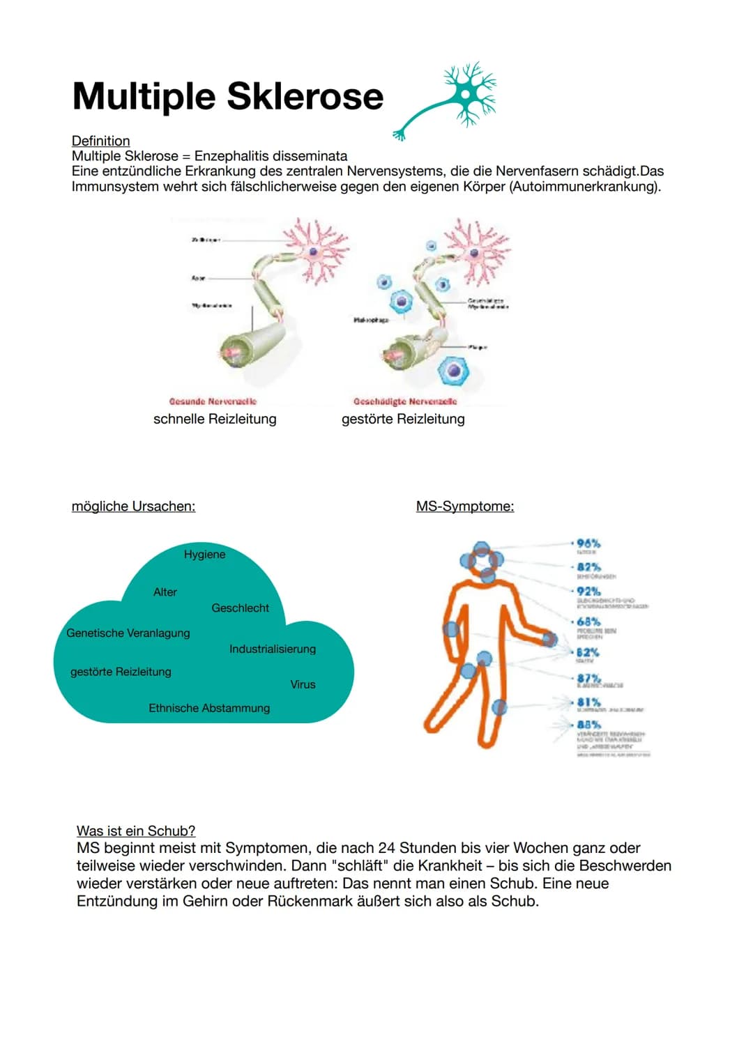 Multiple Sklerose
Definition
Multiple Sklerose = Enzephalitis disseminata
Eine entzündliche Erkrankung des zentralen Nervensystems, die die 