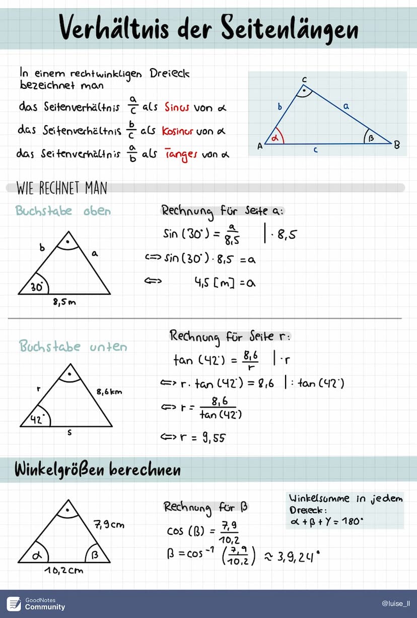 Seitenverhältnisse in rechtwinkligen
(von Pythagoras bekannt)
kathe
Hypothenuse
Sin (2)
COS (2)
kathete
GoodNotes
Community
Gegenkathe von B