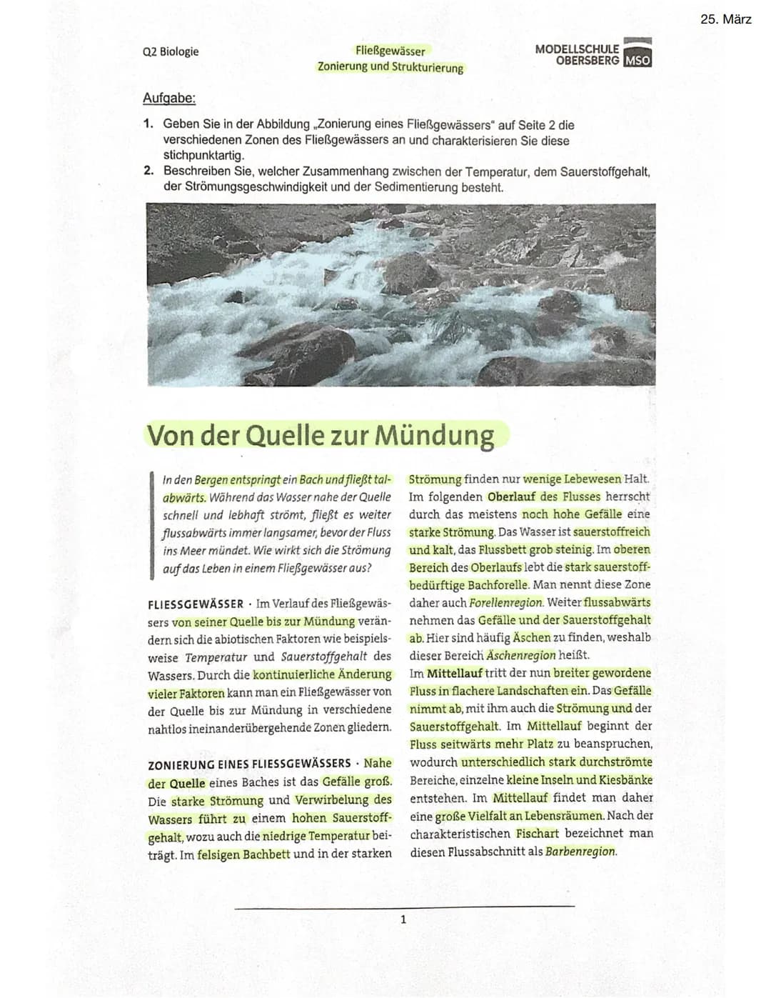 Q2 Biologie
Fließgewässer
Zonierung und Strukturierung
Aufgabe:
1. Geben Sie in der Abbildung ,,Zonierung eines Fließgewässers" auf Seite 2 