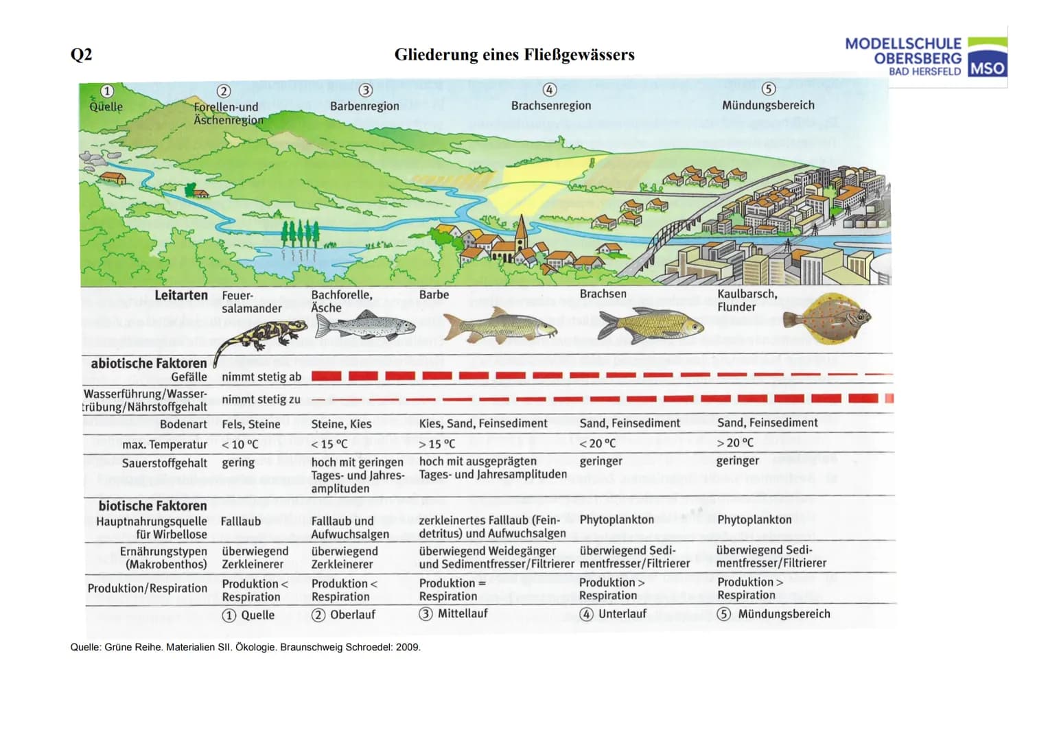 Q2 Biologie
Fließgewässer
Zonierung und Strukturierung
Aufgabe:
1. Geben Sie in der Abbildung ,,Zonierung eines Fließgewässers" auf Seite 2 