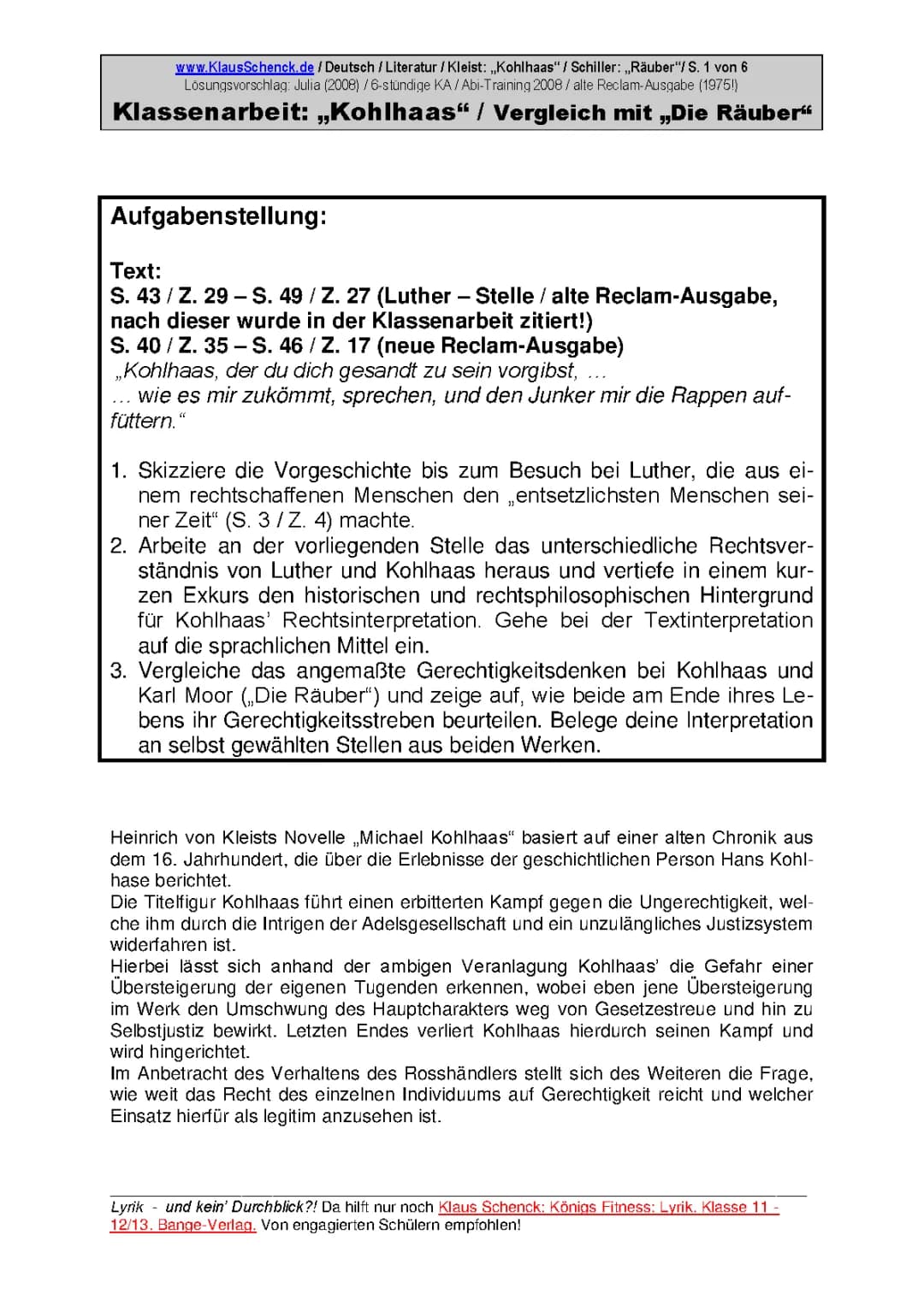 "Michael Kohlhaas" / Kleist: Luther-Stelle (Klassenarbeit)