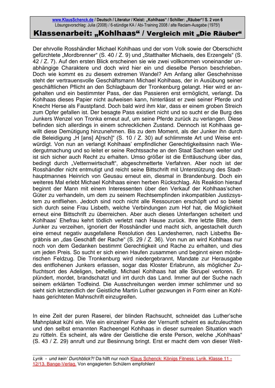 www.KlausSchenck.de / Deutsch / Literatur / Kleist: ,,Kohlhaas" /Schiller: ,,Räuber"/ S. 1 von 6
Lösungsvorschlag: Julia (2008) / 6-stündige