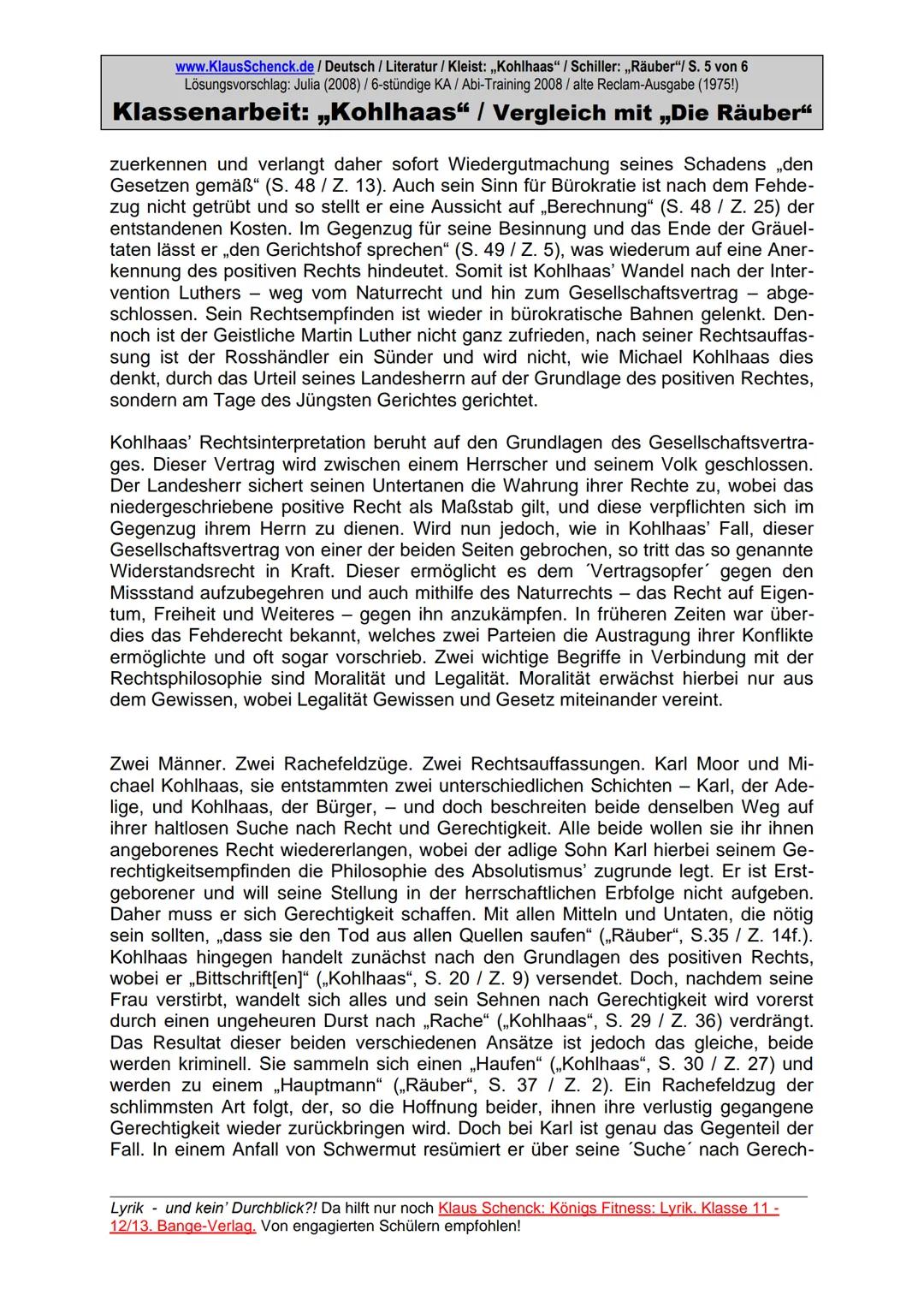 www.KlausSchenck.de / Deutsch / Literatur / Kleist: ,,Kohlhaas" /Schiller: ,,Räuber"/ S. 1 von 6
Lösungsvorschlag: Julia (2008) / 6-stündige