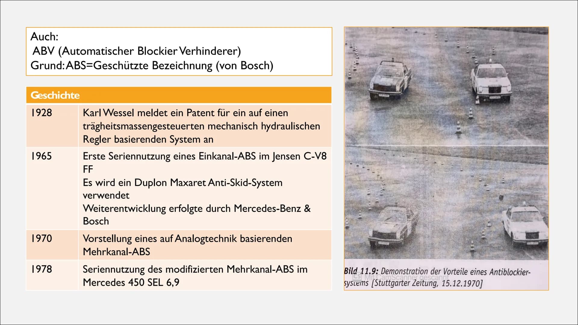 ANTIBLOCKIERSYSTEM (ABS) Auch:
ABV (Automatischer Blockier Verhinderer)
Grund:ABS-Geschützte Bezeichnung (von Bosch)
Geschichte
1928
1965
19