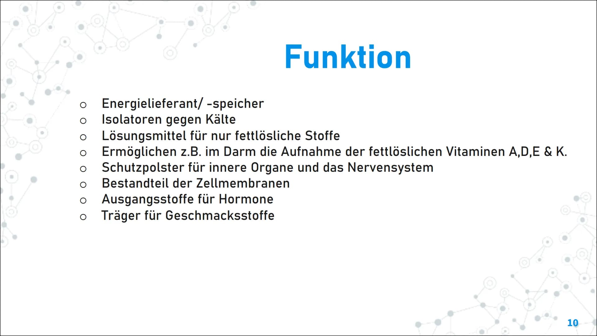 Fette und Öle Inhaltsverzeichnis
1. Aufbau und Eigenschaften von
Fetten:
. Aufbau und funktionelle Gruppe
- Eigenschaften
Schmelztemperatur
