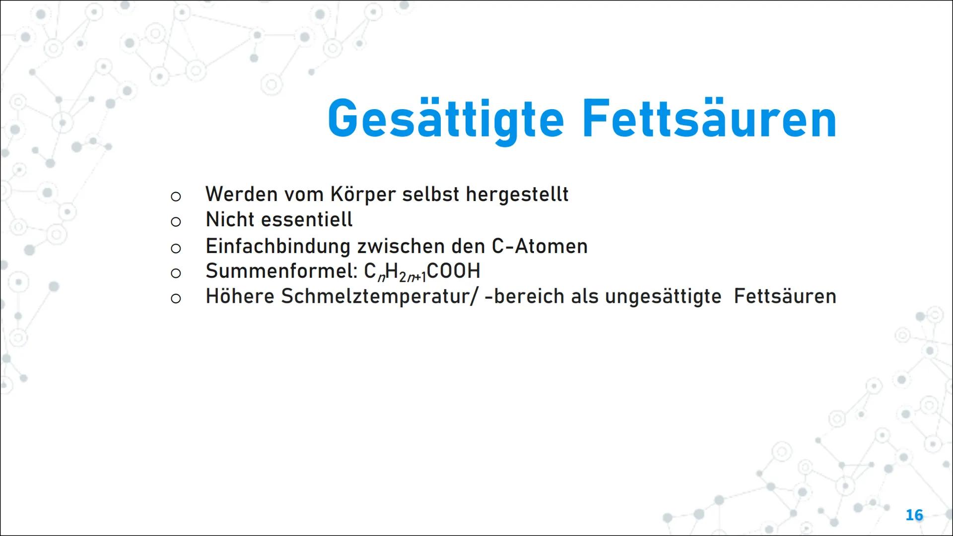 Fette und Öle Inhaltsverzeichnis
1. Aufbau und Eigenschaften von
Fetten:
. Aufbau und funktionelle Gruppe
- Eigenschaften
Schmelztemperatur
