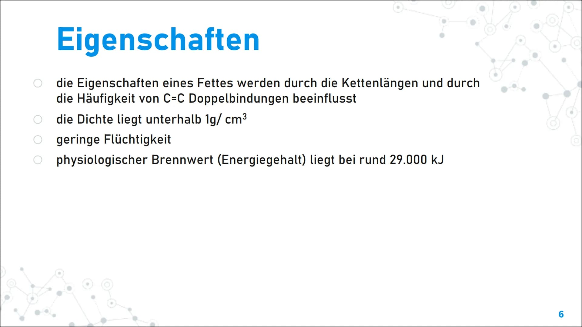 Fette und Öle Inhaltsverzeichnis
1. Aufbau und Eigenschaften von
Fetten:
. Aufbau und funktionelle Gruppe
- Eigenschaften
Schmelztemperatur
