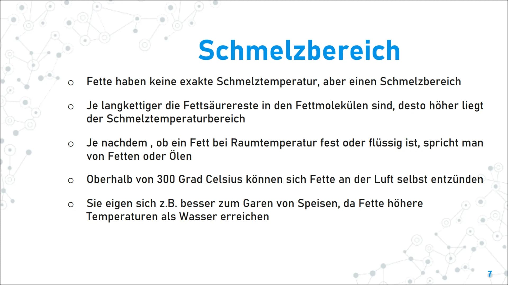 Fette und Öle Inhaltsverzeichnis
1. Aufbau und Eigenschaften von
Fetten:
. Aufbau und funktionelle Gruppe
- Eigenschaften
Schmelztemperatur
