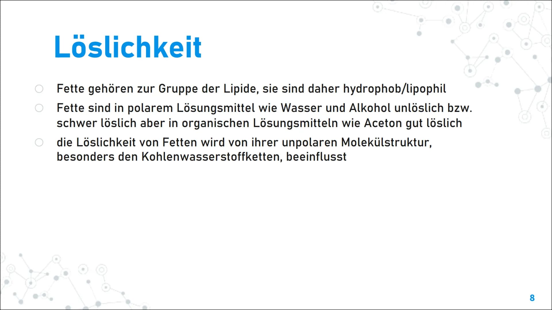 Fette und Öle Inhaltsverzeichnis
1. Aufbau und Eigenschaften von
Fetten:
. Aufbau und funktionelle Gruppe
- Eigenschaften
Schmelztemperatur
