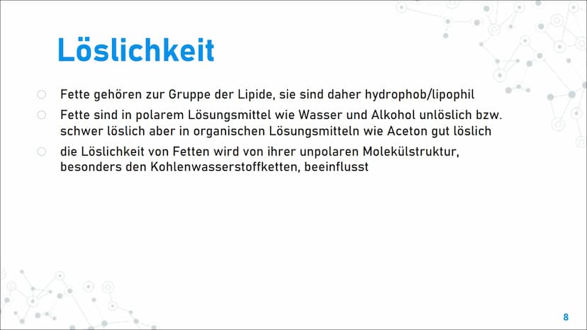 Fette und Öle Inhaltsverzeichnis
1. Aufbau und Eigenschaften von
Fetten:
. Aufbau und funktionelle Gruppe
- Eigenschaften
Schmelztemperatur
