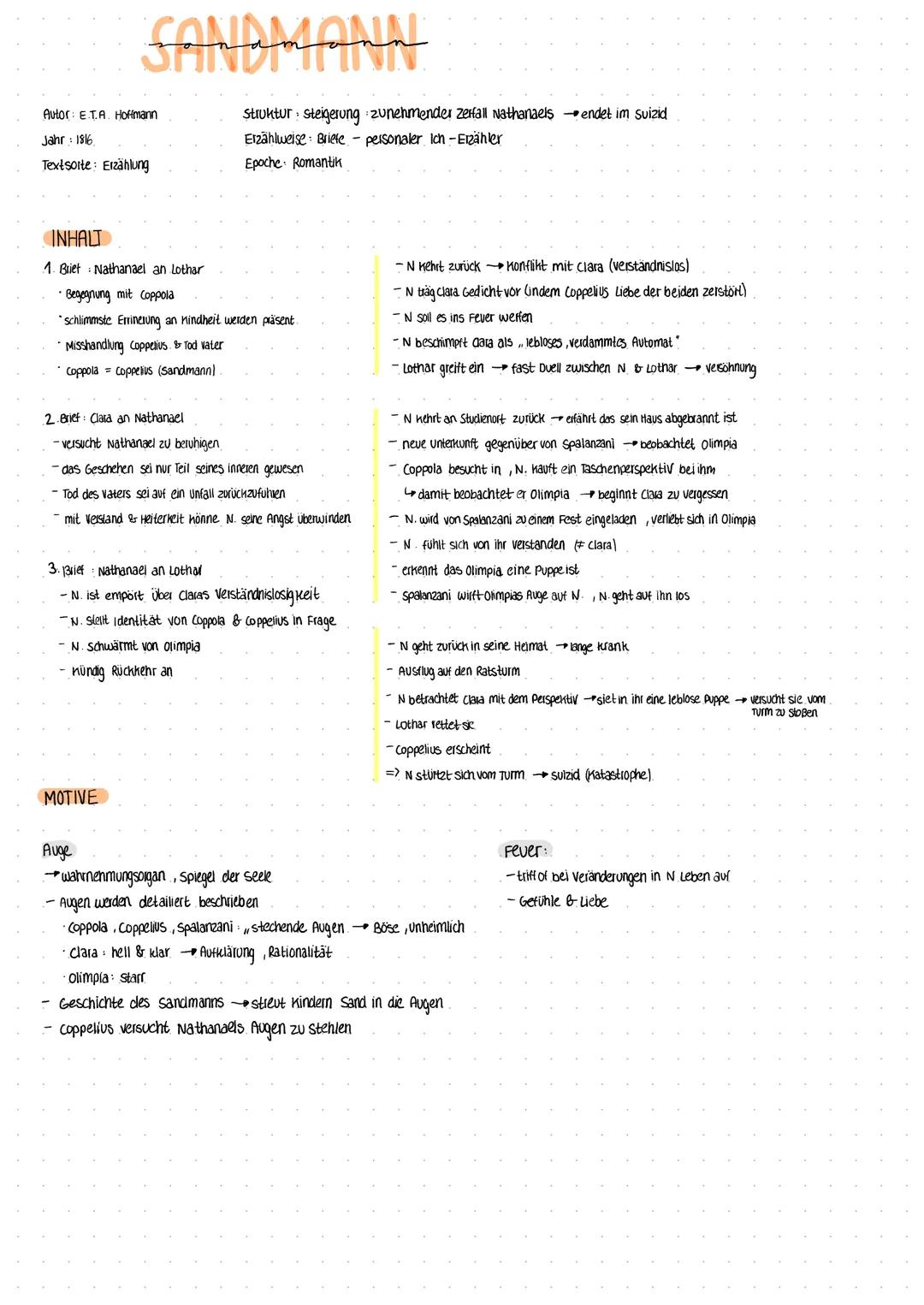# SANDMANN

Autor: E.T.A. Hoffmann
Jahr 1816
Textsorte: Erzählung

Struktur steigerung zunehmender zerfall Nathanaels endet im suizid
Erzähl