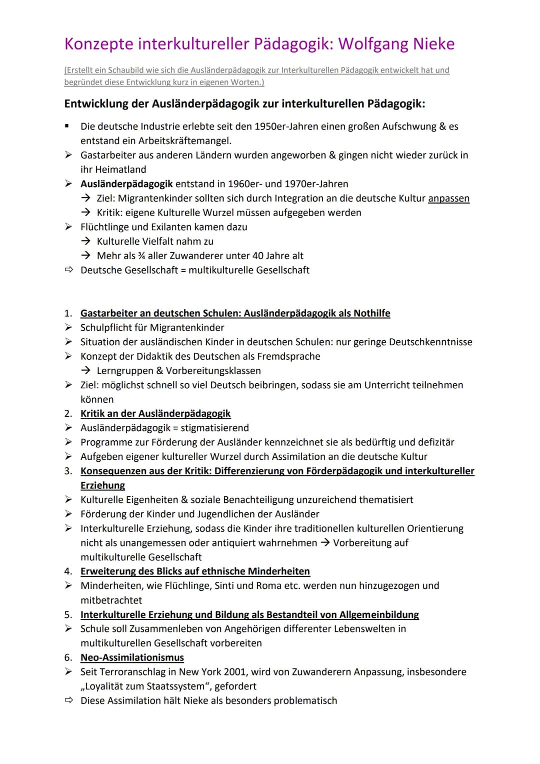 Konzepte interkultureller Pädagogik: Wolfgang Nieke
(Erstellt ein Schaubild wie sich die Ausländerpädagogik zur Interkulturellen Pädagogik e