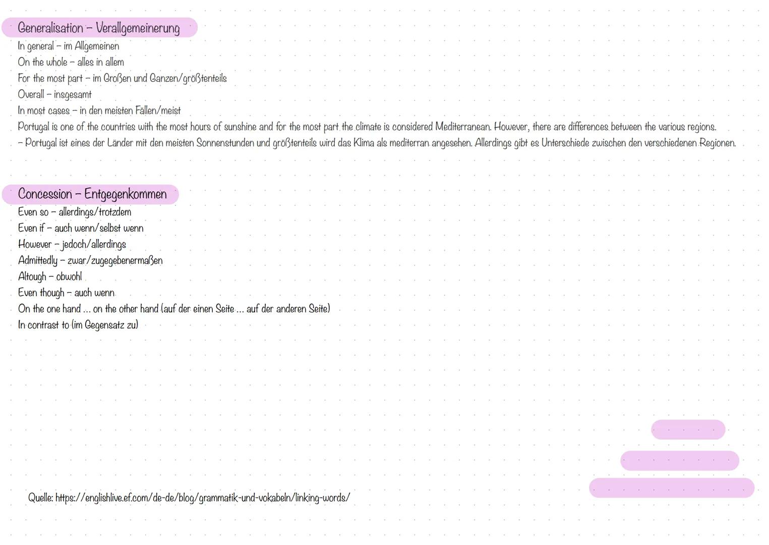 Linking Words
Linking Words in englischer Sprache können in verschiedene Funktionen eingeteilt werden, sie helfen dem Sprecher schnell das E