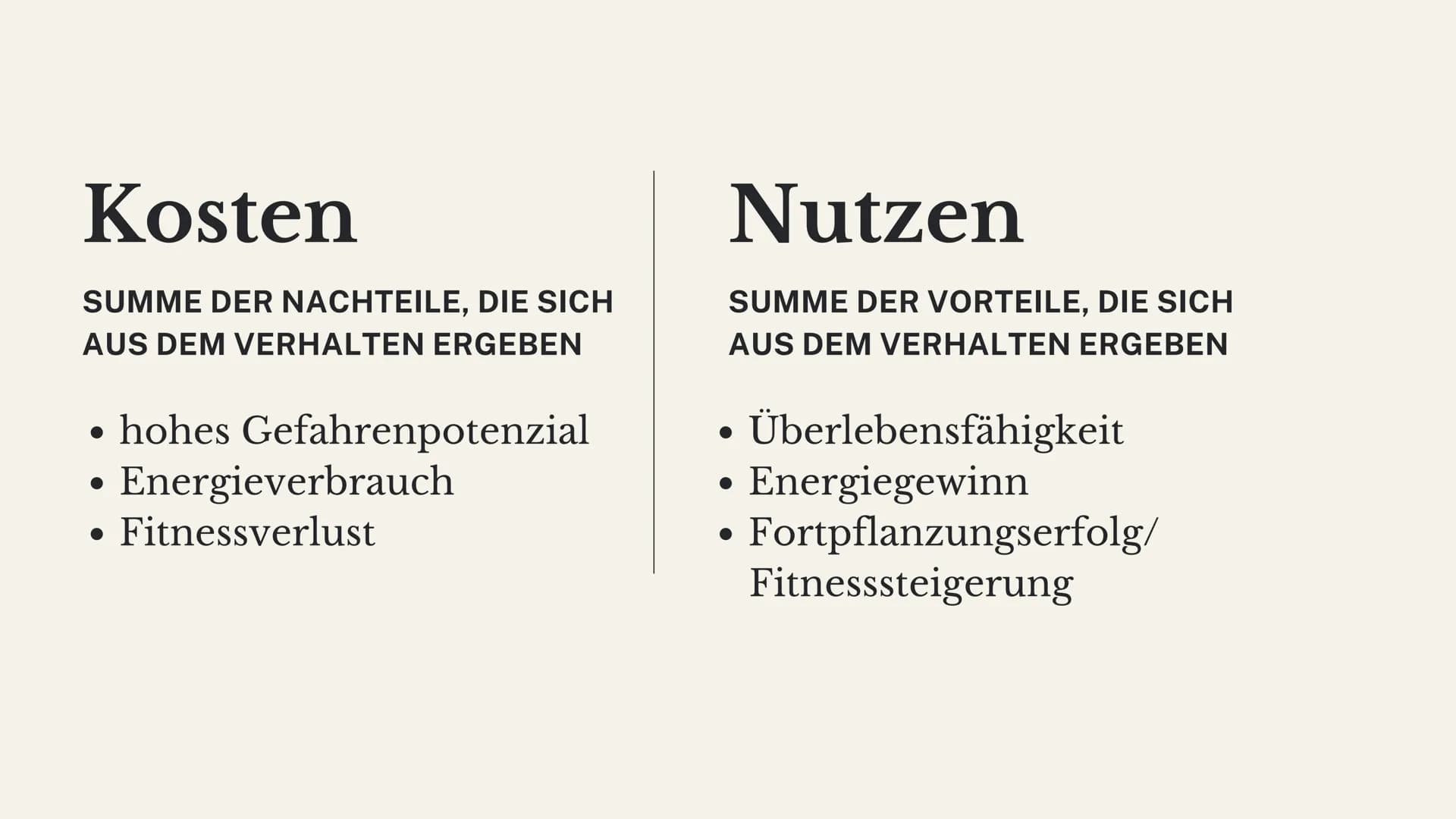 Kosten-Nutzen-
Analysen
Joëlle Kaste
↑ Inhalt
01
REPRODUKTIVE FITNESS UND
KOSTEN-NUTZEN-ANALYSEN
02
BEISPIEL 01 - BIENEN
03
BEISPIEL 02 MIT 