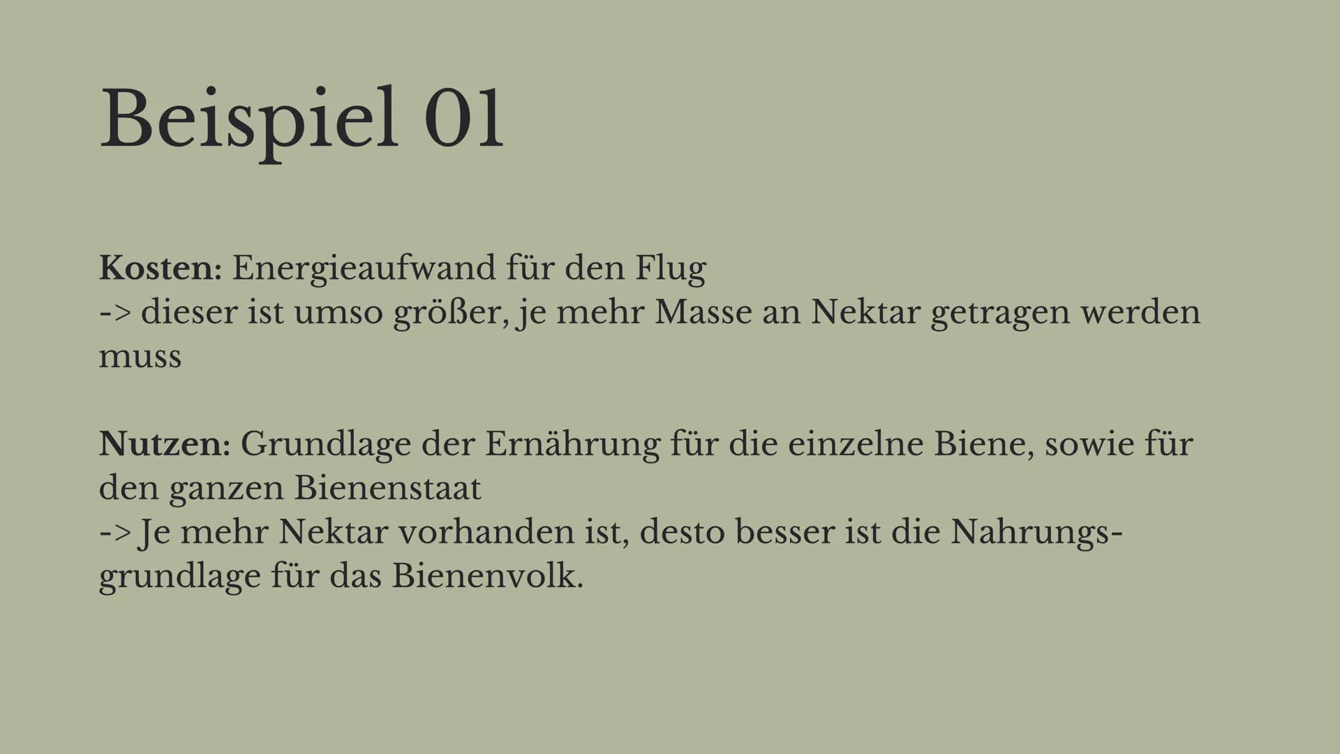 Kosten-Nutzen-
Analysen
Joëlle Kaste
↑ Inhalt
01
REPRODUKTIVE FITNESS UND
KOSTEN-NUTZEN-ANALYSEN
02
BEISPIEL 01 - BIENEN
03
BEISPIEL 02 MIT 