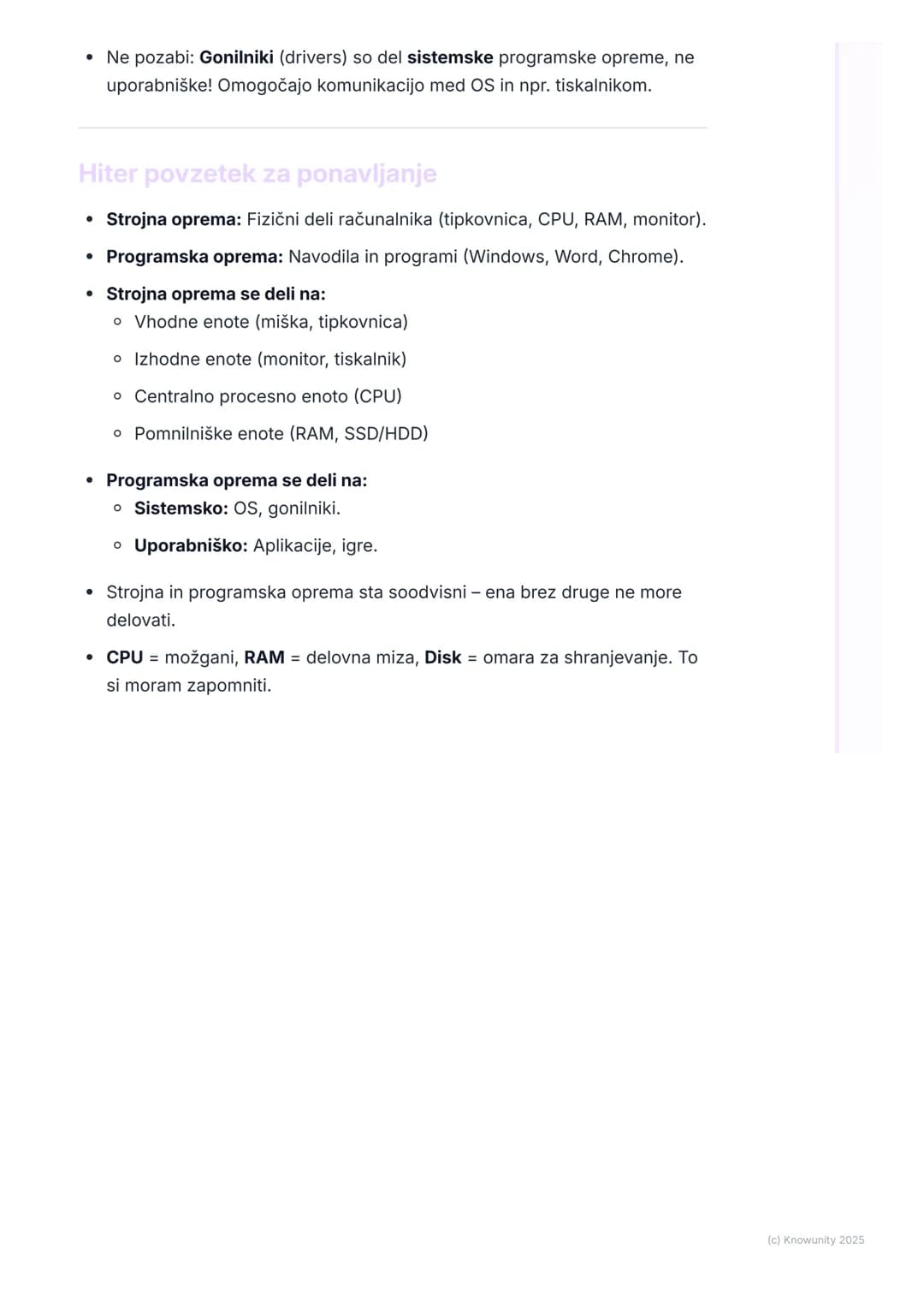 # Računalniška strojna in
programska oprema

Uvod v strojno in programsko opremo

Računalnik je sestavljen iz dveh glavnih delov: strojne op