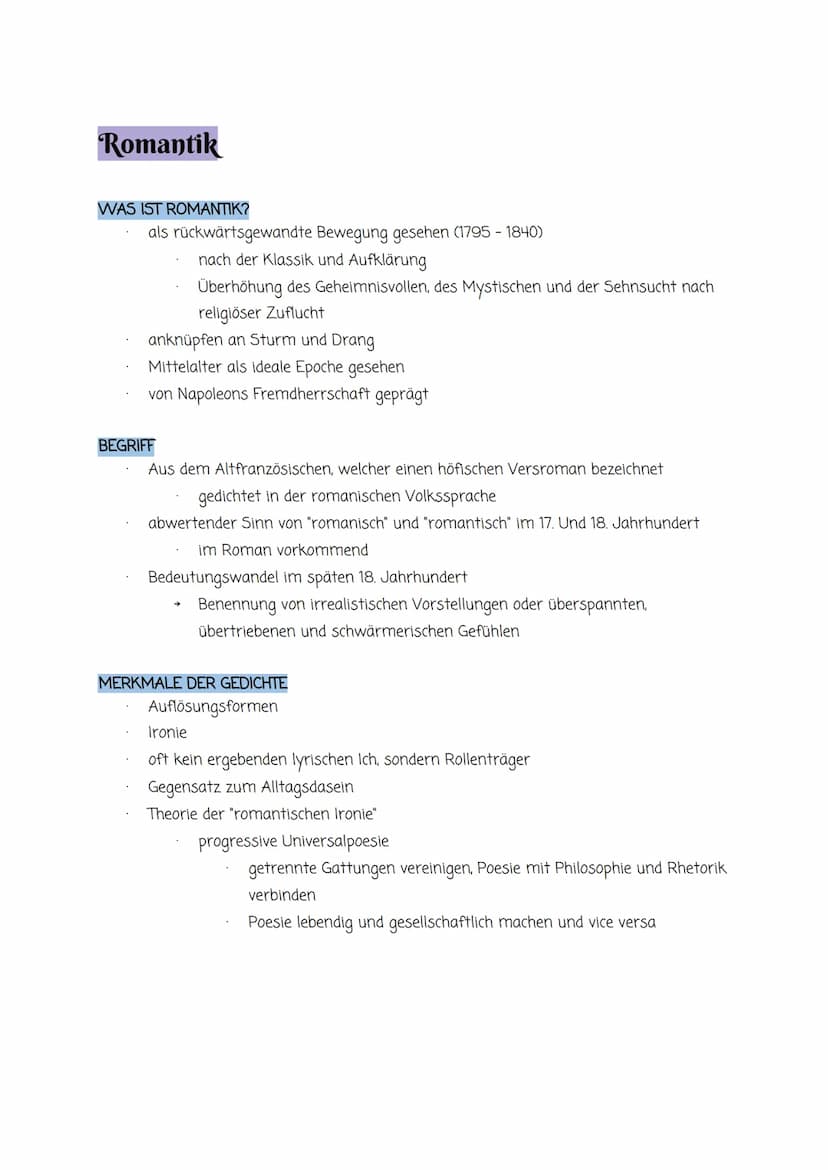 Romantik
WAS IST ROMANTIK?
als rückwärtsgewandte Bewegung gesehen (1795-1840)
nach der Klassik und Aufklärung
Überhöhung des Geheimnisvollen