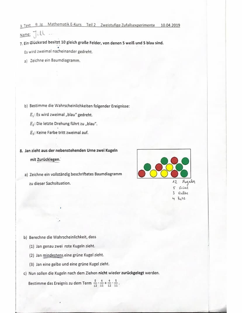 3. Test 9. Jg Mathematik E-Kurs Teil 1
Name: Jill
1. Berechne jeweils die fehlenden Werte (U, A, r, d) beim Kreis.
n
Radius r
4 cm
6,3cm
a)
