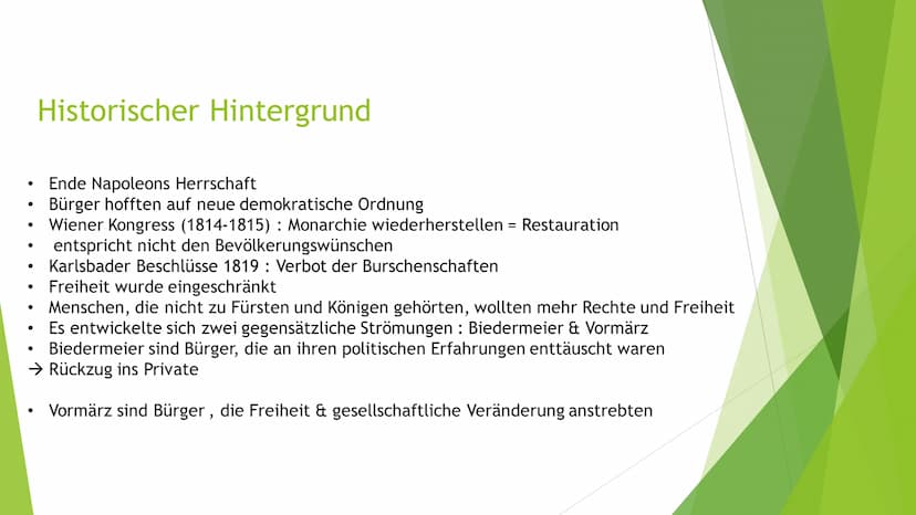 Nachromantische Strömung
Biedermeier
Und
/
Vormärz Historischer Hintergrund:
-Ende Napoleons Herrschaft (1814)
-Wiener Kongress (1814-1815)
