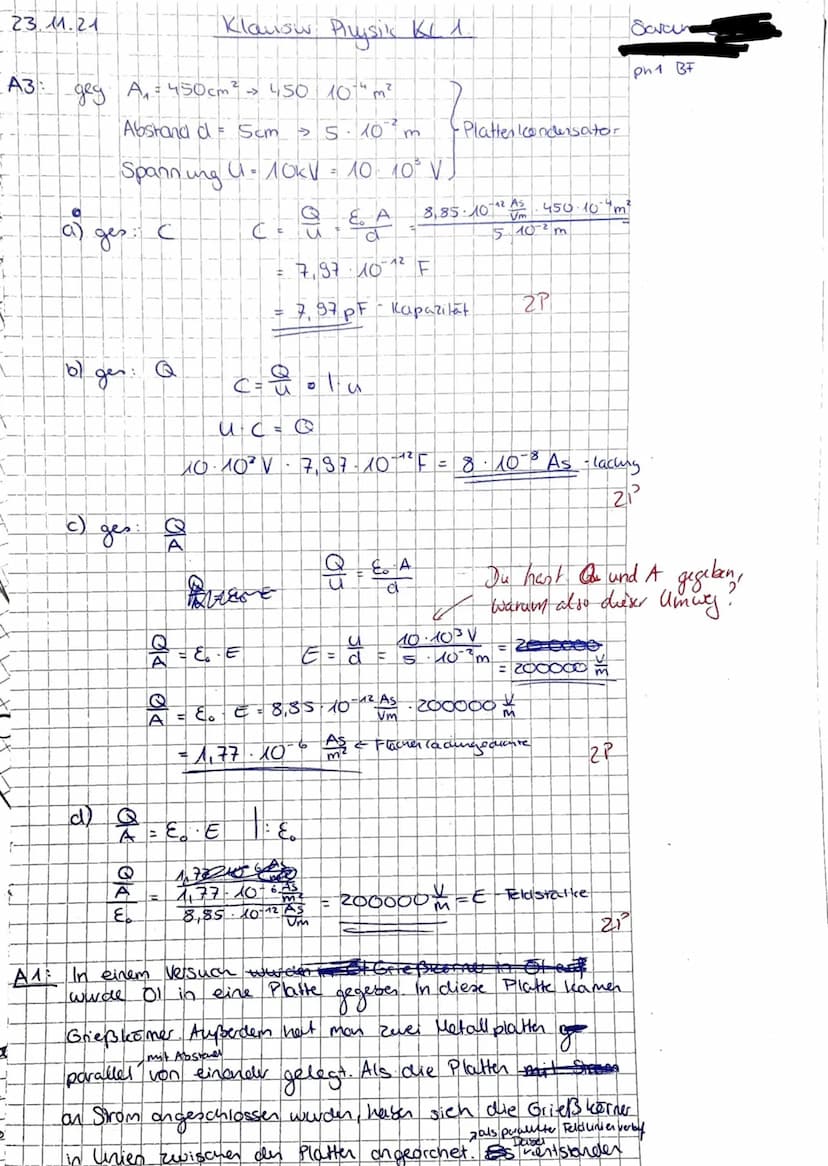 Klausur Physik
Name Saran.
1. Beschreibe einen Versuch, mit dem man die Struktur elektrischer Felder zeigen kann. (2 VP) 2
Skizziere ein Bei