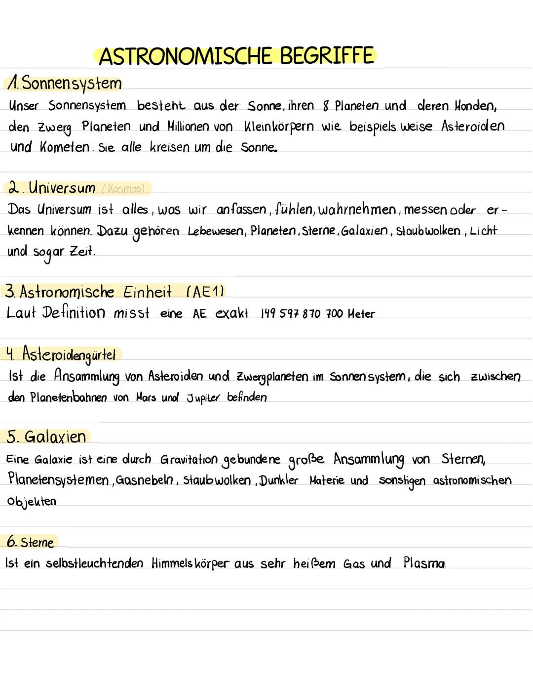 # ASTRONOMISCHE BEGRIFFE

1. Sonnensystem
Unser Sonnensystem besteht aus der Sonne, ihren 8 Planeten und deren Honden,
den Zwerg Planeten un