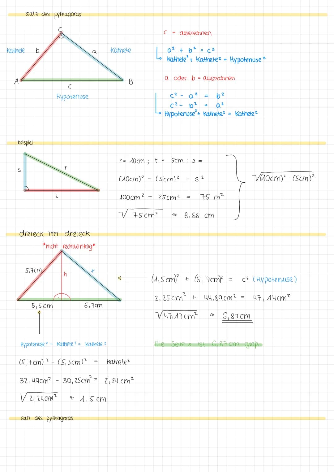 Kathete b
A
satz des pythagoras
beispiel:
S
5,7cm
5,5cm
C
Hypotenuse
t
C
dreieck im dreieck
*nicht rechtwinklig
r
(5,7cm) ²-
32,49cm²
V2, 24