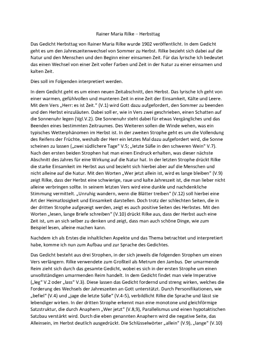 Herbsttag Rilke Text und Interpretation - Der Sommer war sehr groß