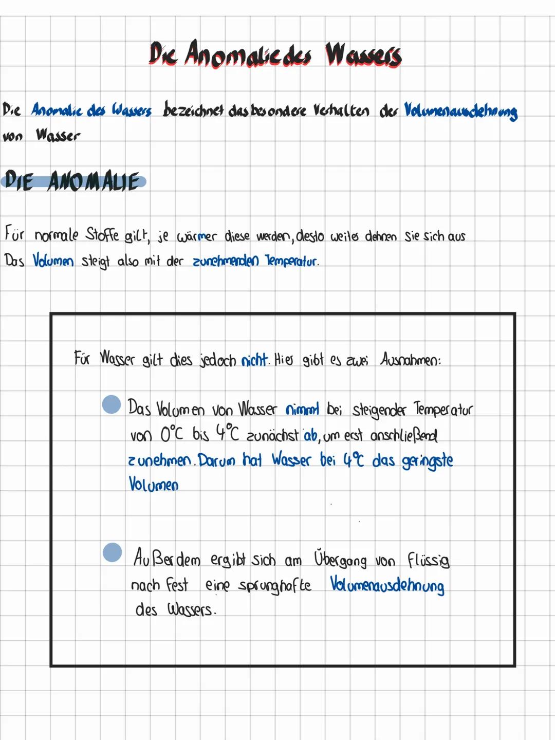 # Die Anomaliedes Wassers

Die Anomalie des Wassers bezeichnet das besondere Verhalten der Volumenaundehnung
von Wasser

DIE ANOMALIE

Für n
