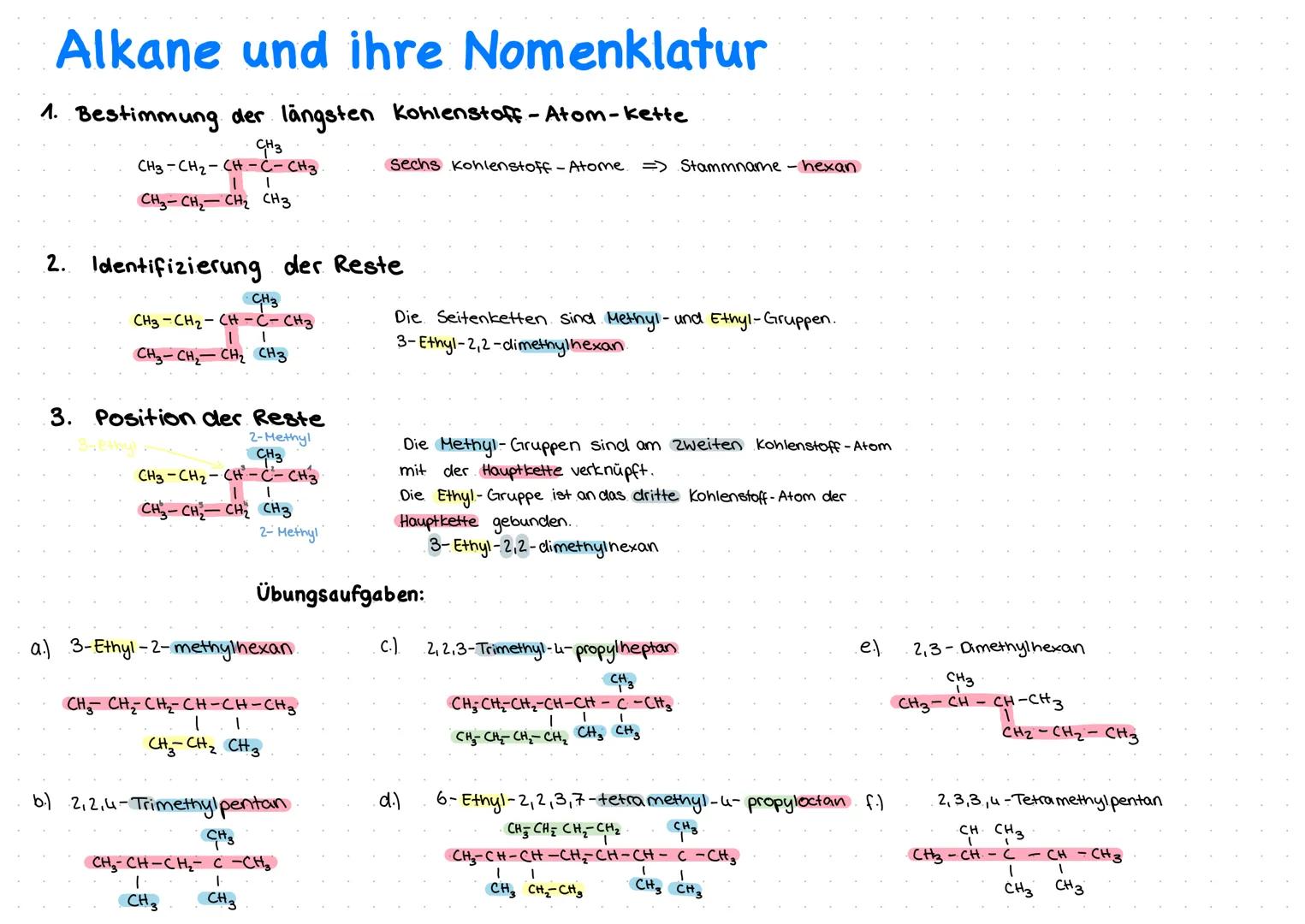 Alkane und ihre Nomenklatur
1. Bestimmung der längsten Kohlenstoff-Atom-kette
CH3
CH3-CH₂-CH-C- CH3
CH, - CH,CH, CH3
2. Identifizierung der 