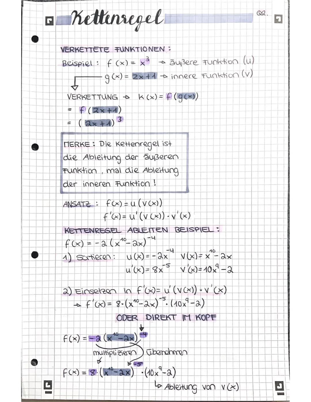 •
IG
Kettenregel
VERKETTETE FUNKTIONEN:
3
Beispiel: f (x) = x² + außere Funktion (u)
· g(x) = 2x + 1 + innere Funktion (v)
VERKETTUNG D k (x