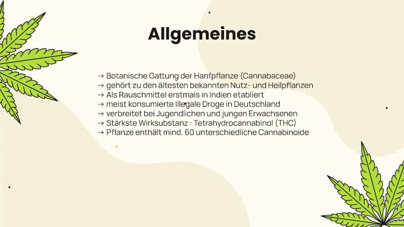 ●
m
Cannabis
... Folgen und Wirkung...
m Allgemeines
Aufbau, Inhaltsstoffe,
Konsumform
Suchtpotenzial
Folgen
Kurzzeitfolgen,
Langzeitfolgen
