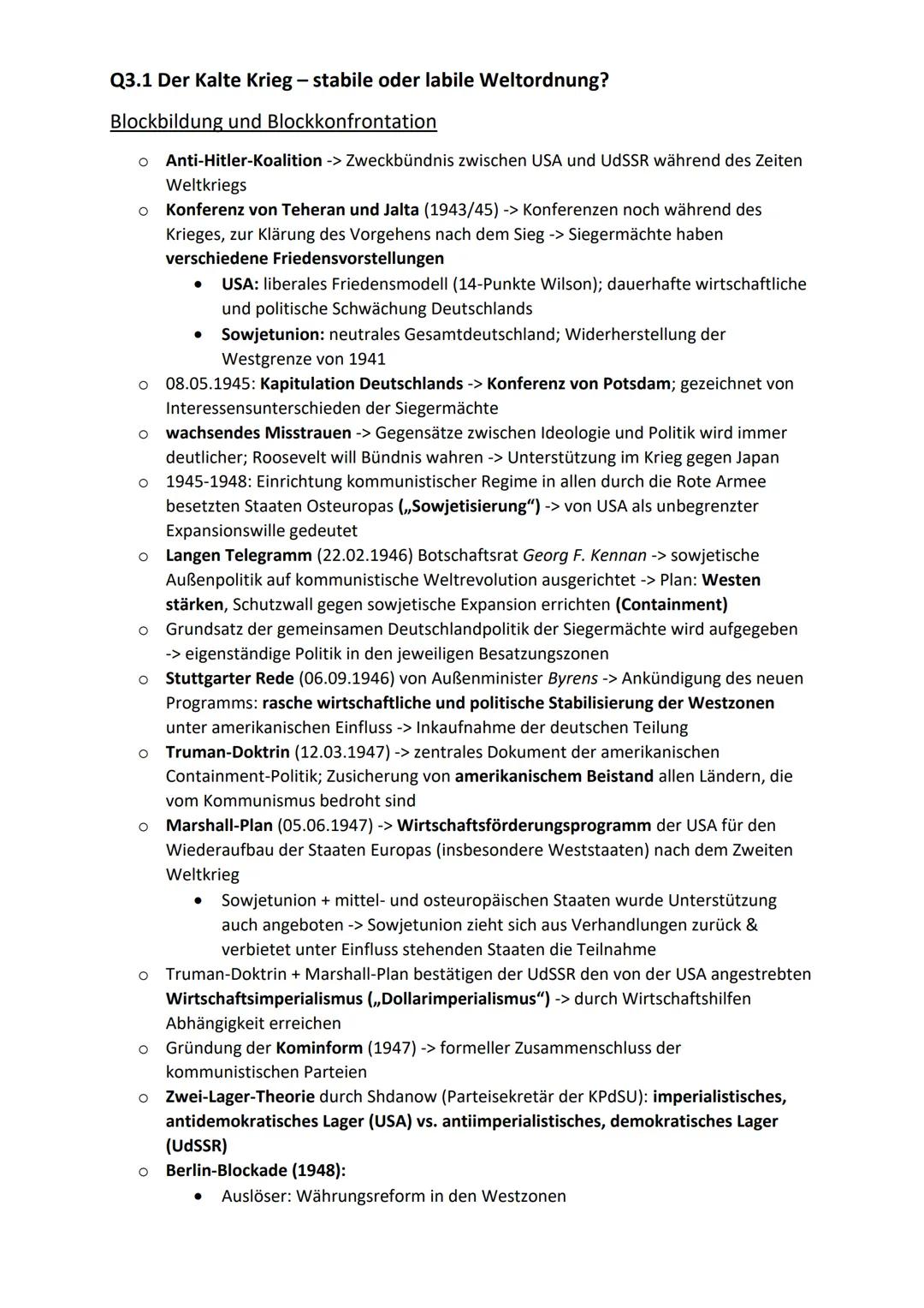 Q3.1 Der Kalte Krieg - stabile oder labile Weltordnung?
Blockbildung und Blockkonfrontation
O Anti-Hitler-Koalition -> Zweckbündnis zwischen
