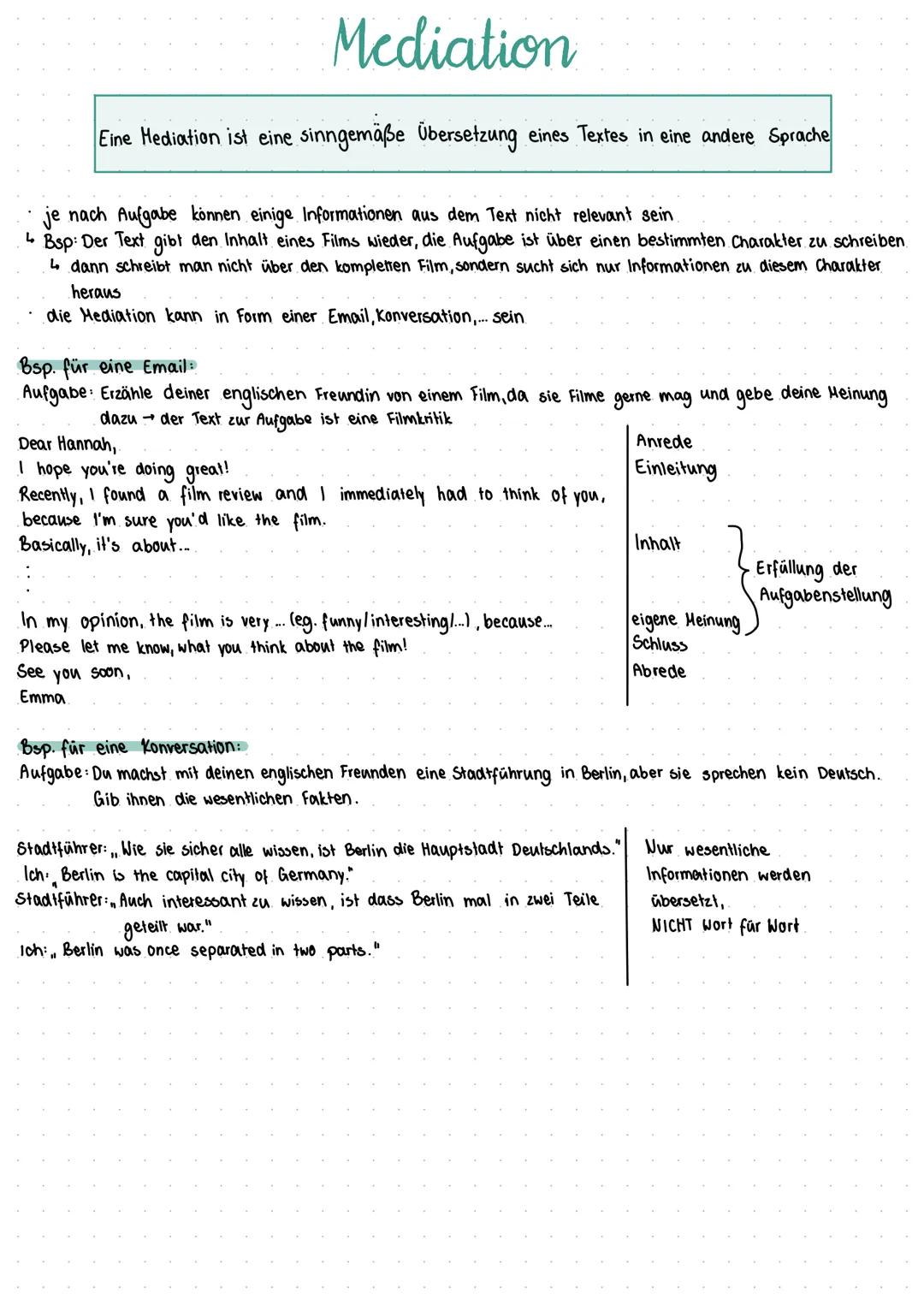 # Mediation

Eine Hediation ist eine sinngemäße Übersetzung eines Textes in eine andere Sprache

*   je nach Aufgabe können einige Informati