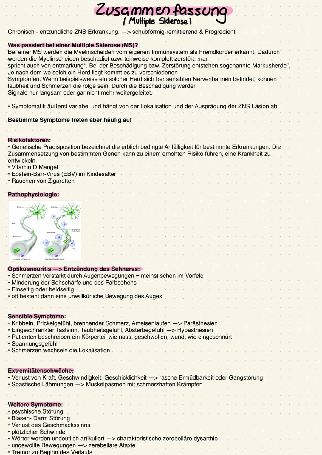 Zusammenfassung
/ Multiple Sklerose 1
Chronisch - entzündliche ZNS Erkrankung. -> schubförmig-remittierend & Progredient
Was passiert bei ei