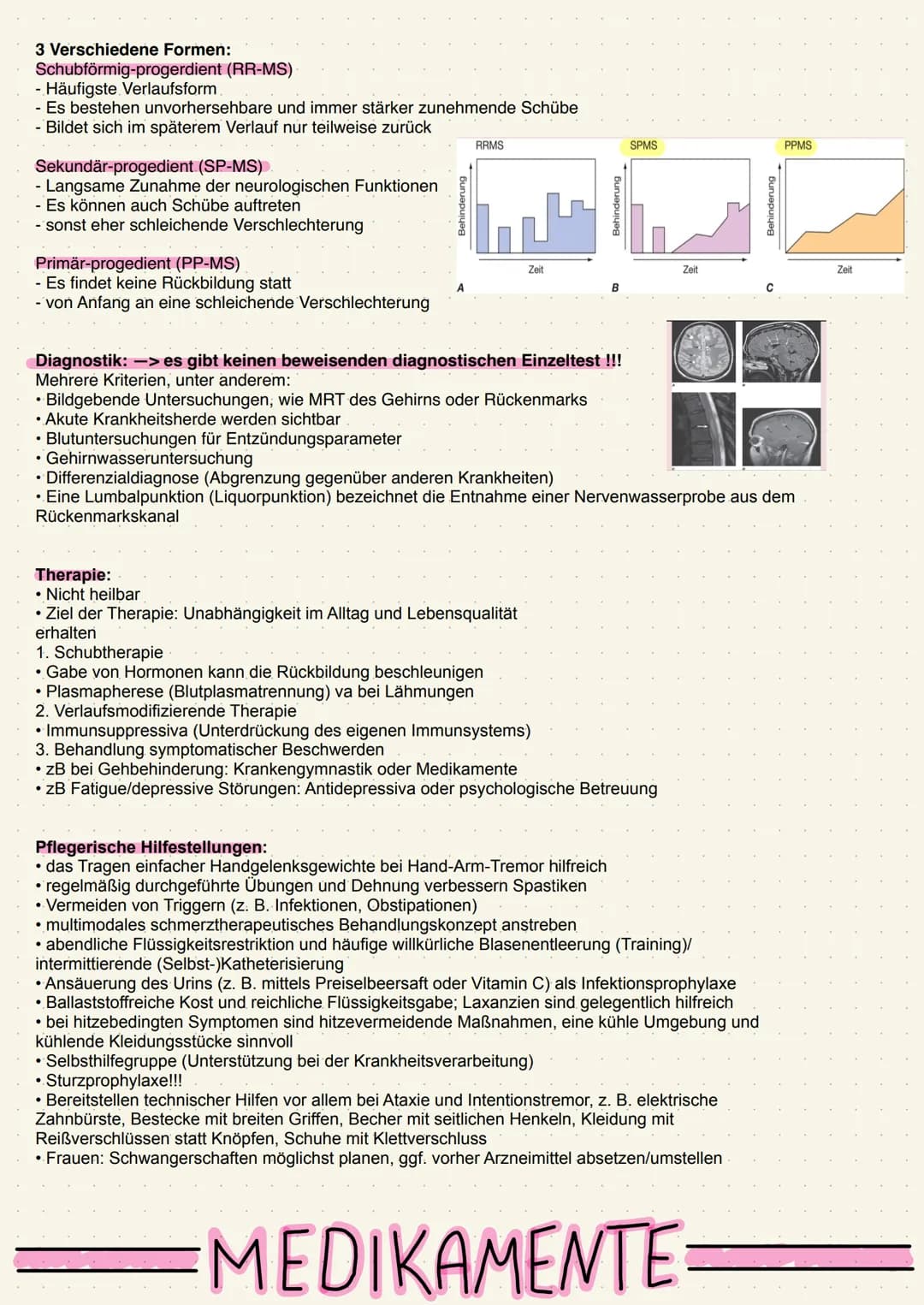 Zusammenfassung
/ Multiple Sklerose 1
Chronisch - entzündliche ZNS Erkrankung. -> schubförmig-remittierend & Progredient
Was passiert bei ei