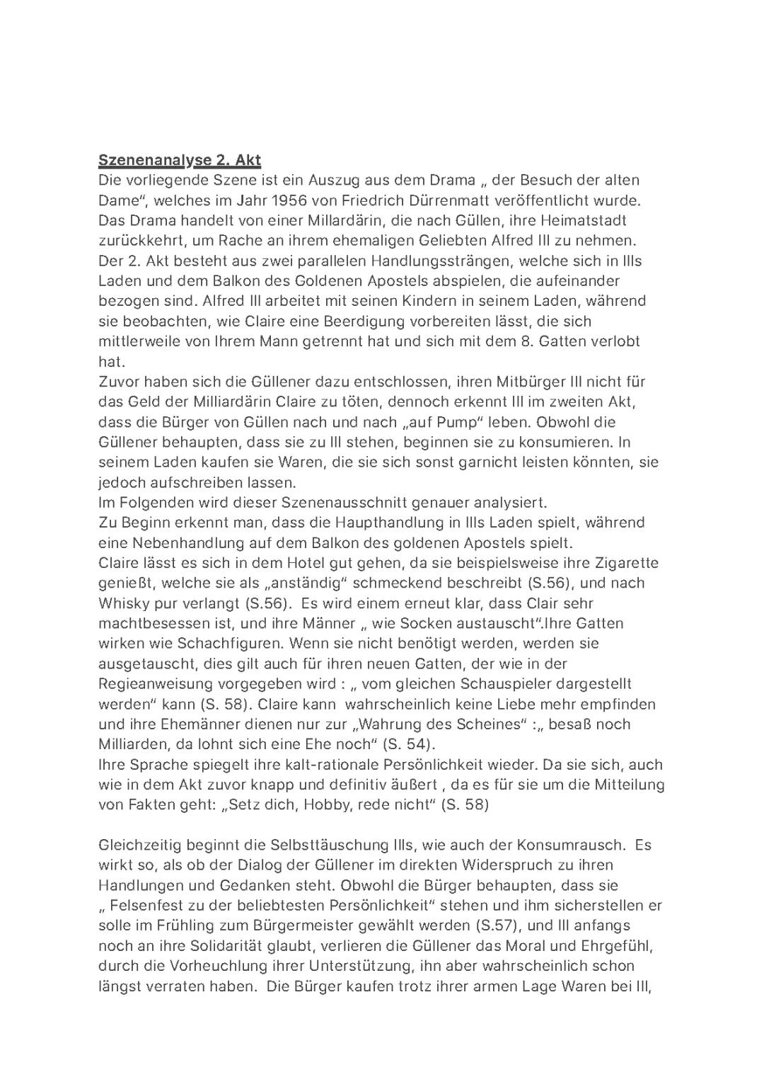 Der Besuch der alten Dame - Szenenanalyse Akt 2, Seiten 35-40 & 86-91, PDF & Zusammenfassung