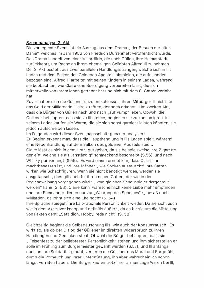 Szenenanalyse 2. Akt
Die vorliegende Szene ist ein Auszug aus dem Drama,, der Besuch der alten
Dame", welches im Jahr 1956 von Friedrich Dür