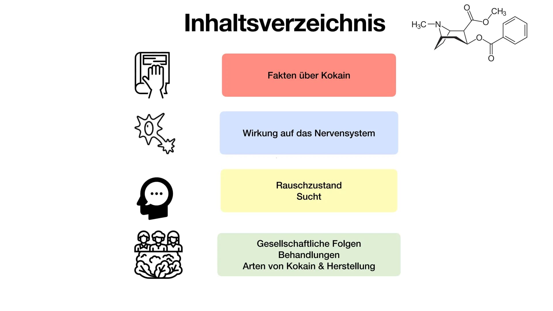 Henning Buttler und Oliver Nguyen
Kokain
H3C-N.
CH3 Inhaltsverzeichnis
Fakten über Kokain
Wirkung auf das Nervensystem
Rauschzustand
Sucht
G