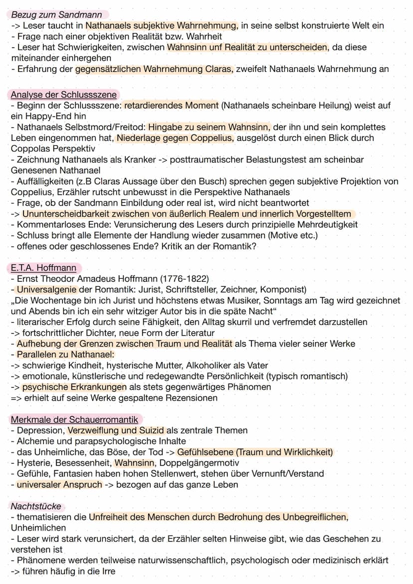 DER SANDMANN - E.T.A. HOFFMANN
DEUTSCHKLAUSUR Q1.2
Inhaltliche Zusammenfassung
In der Novelle ,,Der Sandmann" von E.T.A. Hoffmann aus dem Ja