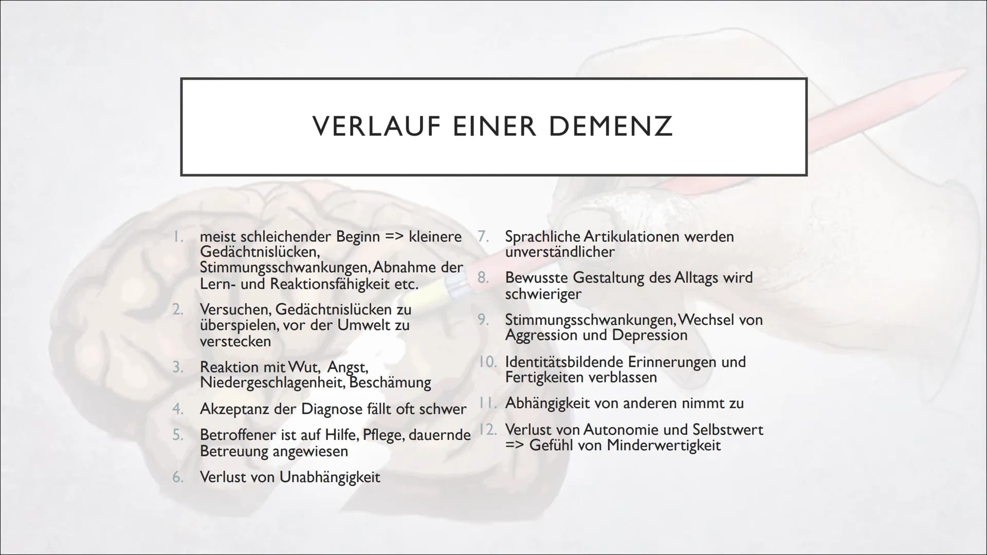 Von Lara, Jasmin B., Vivien
MENSCHEN MIT
ASSISTENZBEDARF IM FILM
DEMENZ ●
• Entstehung
• Symptome
●
●
Definition
Verschiedene Formen
• Diagn