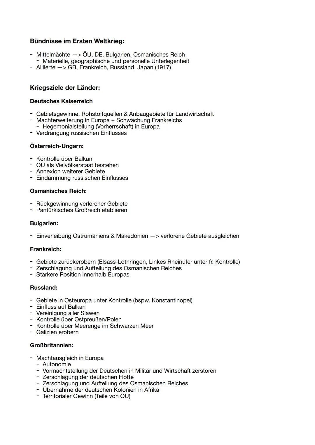# Lernzettel: Erster Weltkrieg

Ursachen:

- Großmächte kämpfen um Absatzmärkte, Ressourcen und Macht (Imperialismus)
- Balkankriege 1912/13