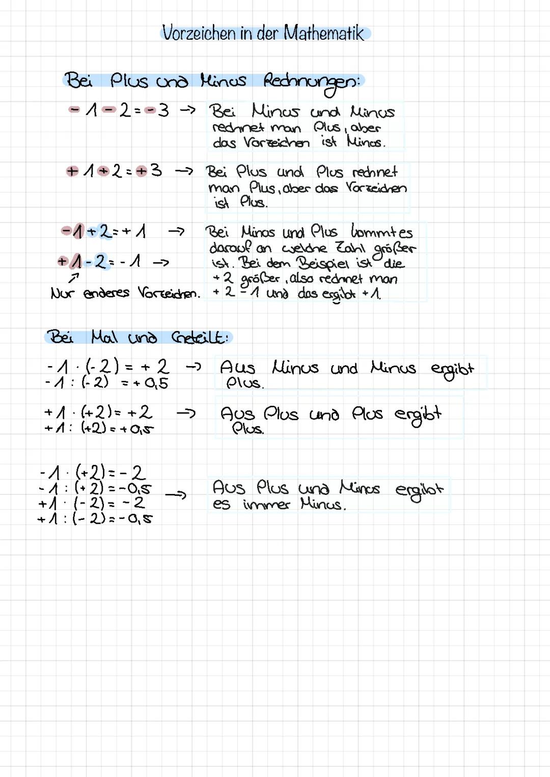 Vorzeichen in Mathe